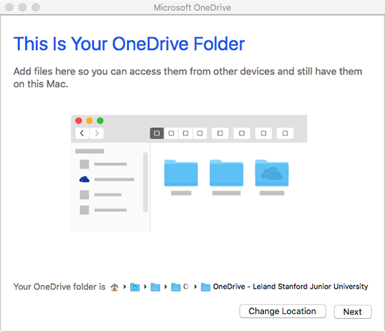 change location of OneDrive folder or continue