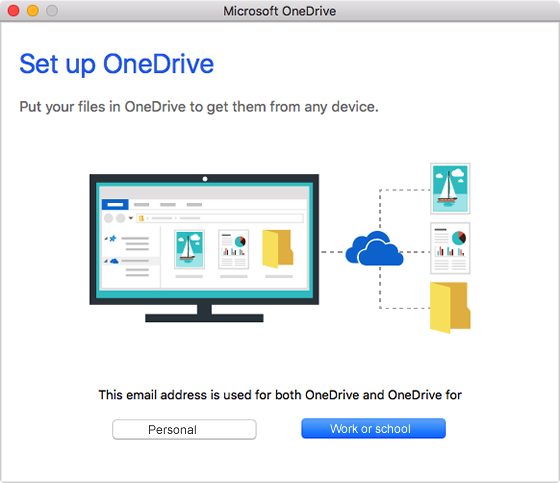 select OneDrive for work or school