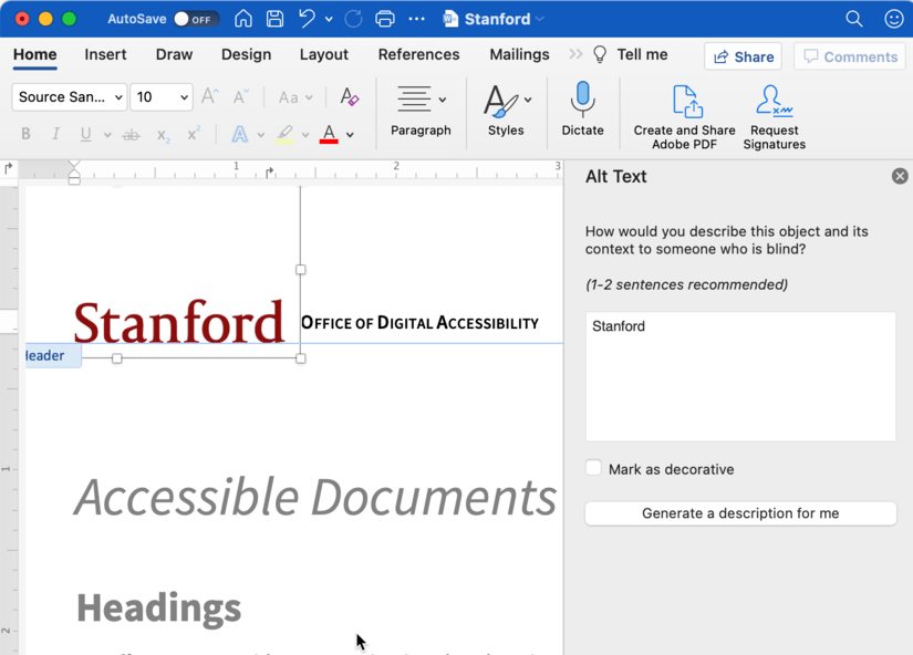 Screenshot Microsoft Word 365 alt text description field