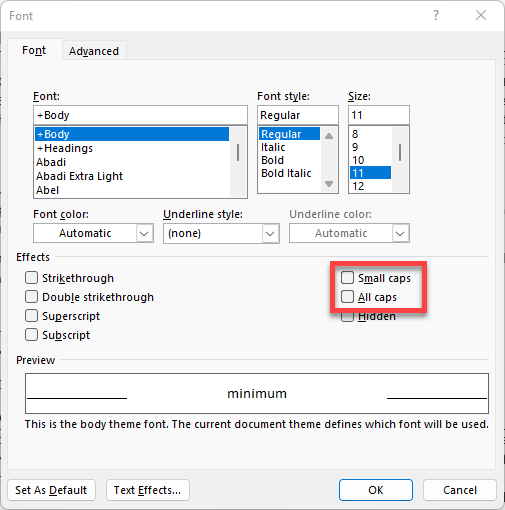 MS Word font dialog showing the Small Caps and All Caps options