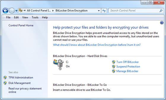 BitLocker Drive Encryption control panel
