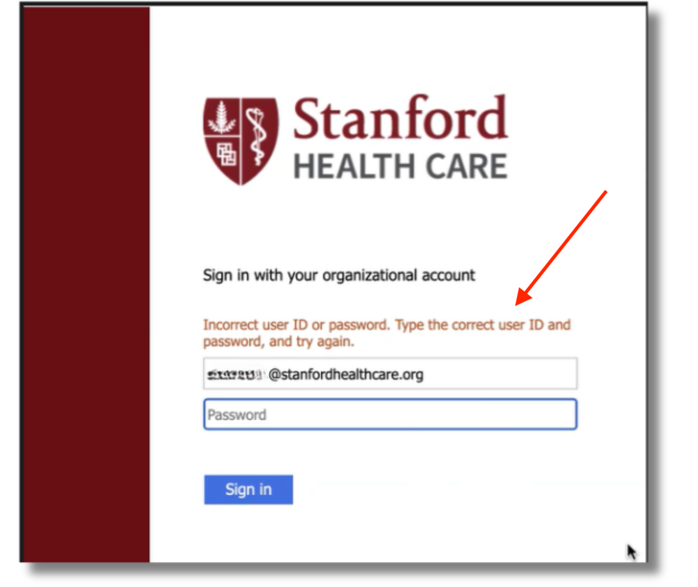Image showing error message when users enters incorrect user ID when logging into AskSHC
