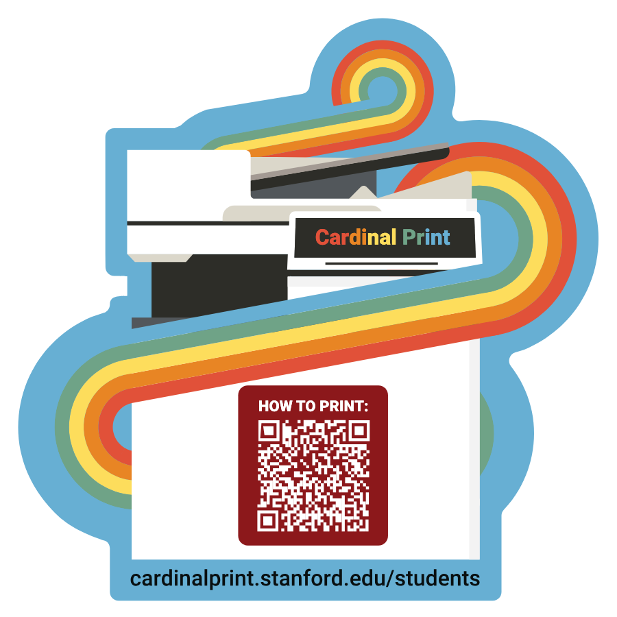 Graphical representation of the Cardinal Print sticker with QR code (cardinalprint.stanford.edu/students)