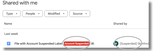 screenshot shows Account Suspended label
