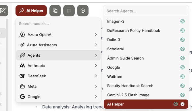 AI Helper is highlighted in the Agents menu.