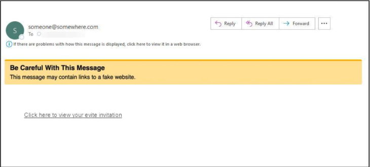 A warning on the email reads "Be careful with this message."