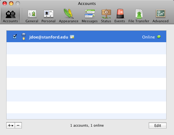 Accounts preferences window