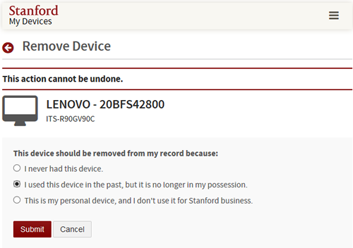 submit reason why device should be removed from your record