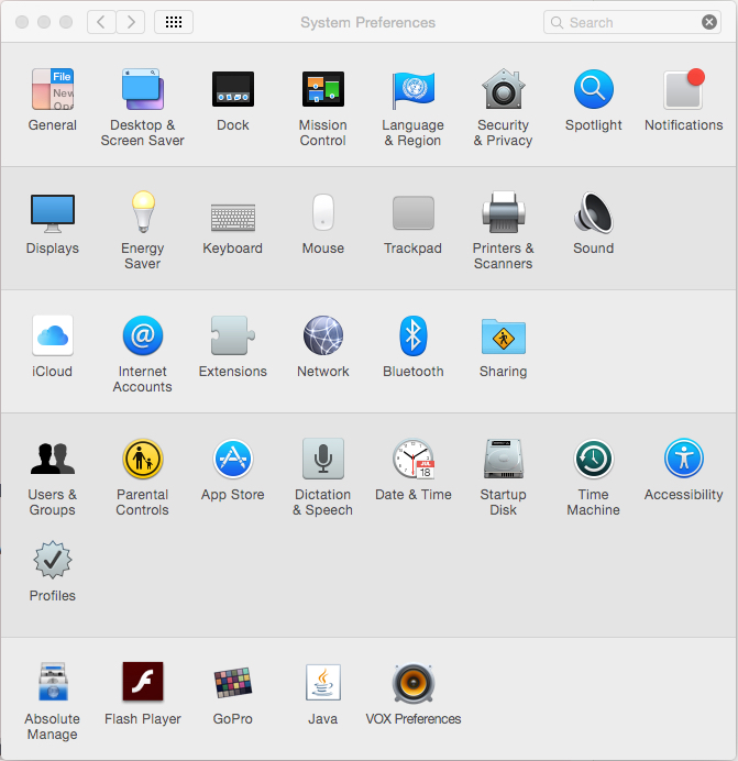 System preferences screen