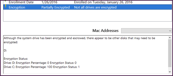 summary screen with message that primary drive is encrypted but another one is not