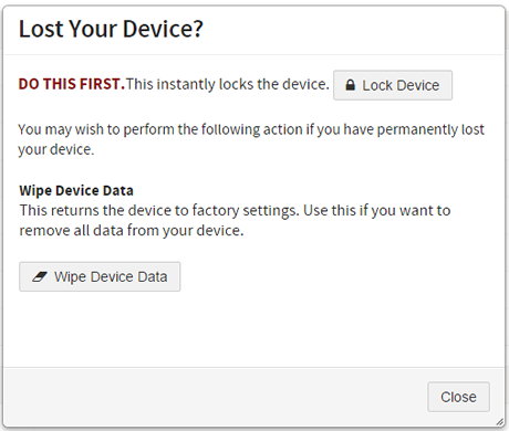 Lost Device dialog box with functions to lock and wipe your device
