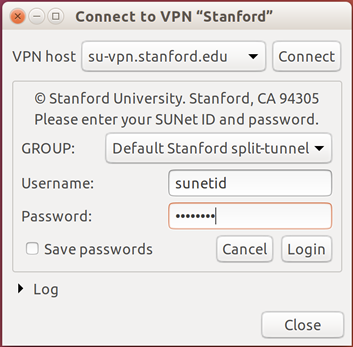 enter your SUNet ID and password to log in to Stanford VPN