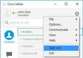 click settings icon to sign out of Jabber