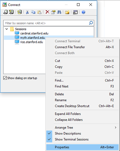 right-click session name to access properties