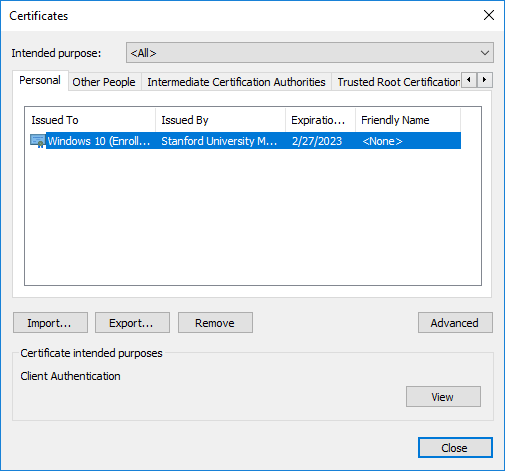 Certficates dialog box displaying personal certificates