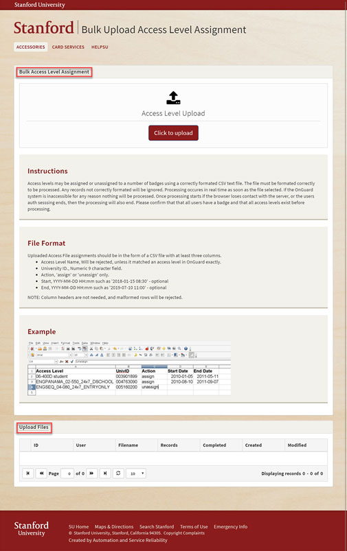 Screenshot of Bulk Upload Access Level Assignment Tool