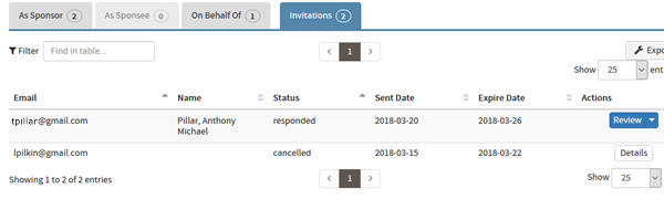 invitations tab on dashborad showing that sponsee has responed to invitation