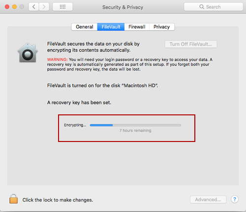 FileVault is turned on and in the process of encrypting