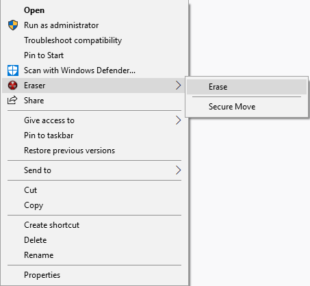 Eraser command in Windows Explorer menu