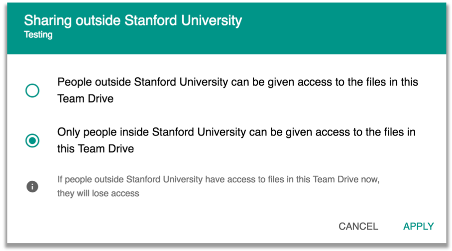 shared drive settings with option to share outside of Stanford