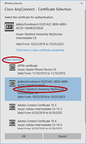 select the certficate issued by Stanford University MyDevices