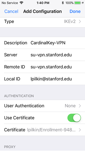 VPN configuration setttings for Cardinal Key