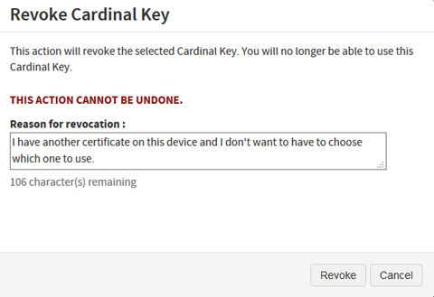 dialog box to confirm that you want to revoke this Cardinal Key