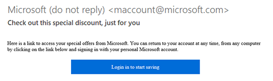 Confirmation message and log in button from Microsoft