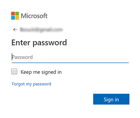 Screen to enter your Microsoft password