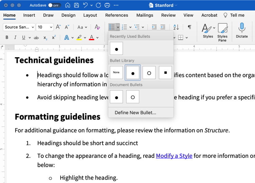 Screenshot Microsoft Word 365 bulleted list menu