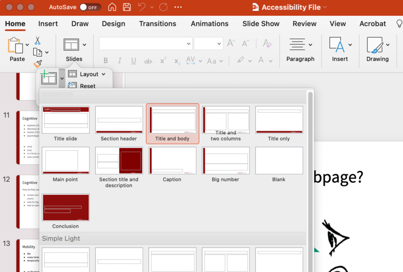 Screenshot Microsoft PowerPoint layout menu