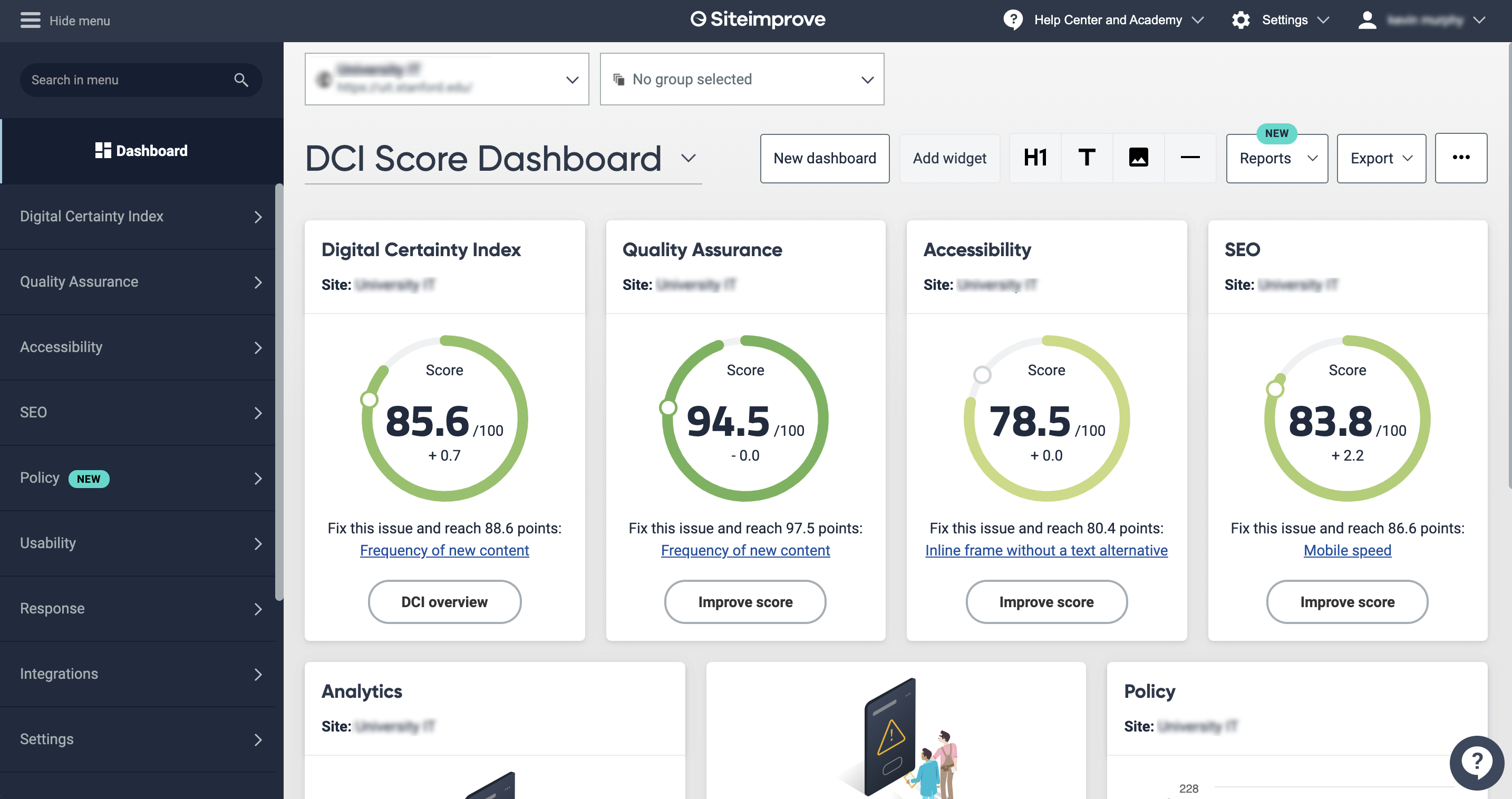Siteimprove dashboard showing some of the various reports