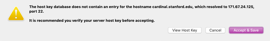 New Host Key warning window with the Accept & Save button highlighted.