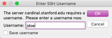 Enter SSH Username menu with the Username: field highlighted.