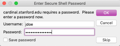 Enter Secure Shell Password menu with the Password field highlighted.
