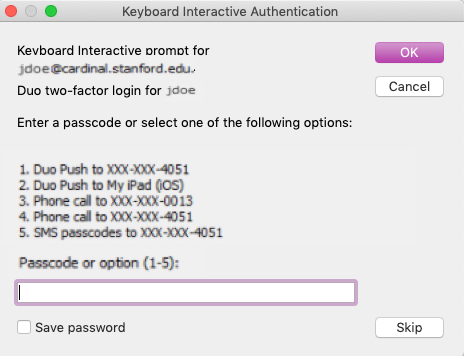 Keyboard Interactive Authentication menu with the Passcode or option (1-5): field highlighted.