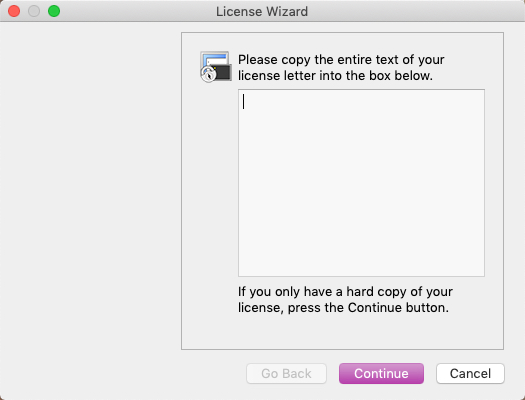 SeucreCRT License Wizard menu highlighting the box where the license is entered and the Continue button is highlighted.