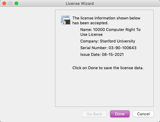 SecureCRT License Wizard menu with accepted notices and the done button is highlighted.