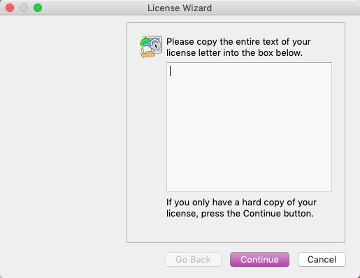 SecureFX License Wizard menu highlighting the box where the license is entered and the Continue button is highlighted.