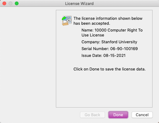 SecureFX License Wizard menu with accepted notices and the done button is highlighted.