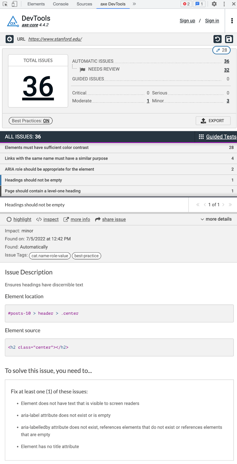 Configuring the axe DevTools Extension