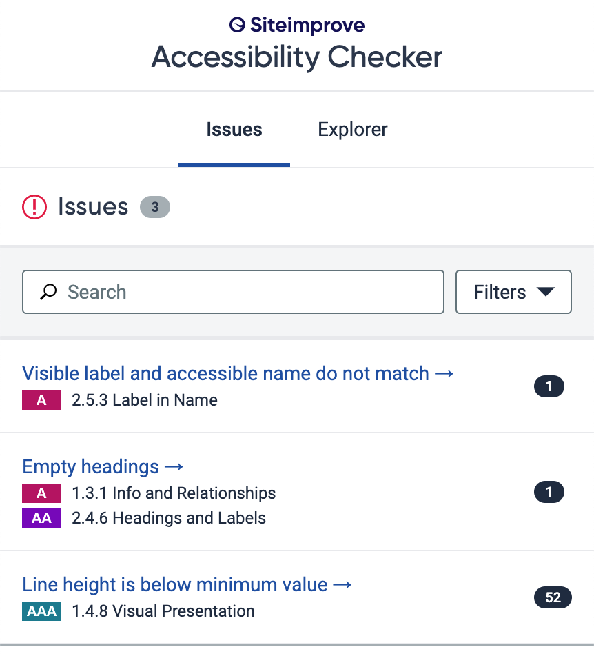 Screenshot of Siteimprove accessibility checker showing 3 issues