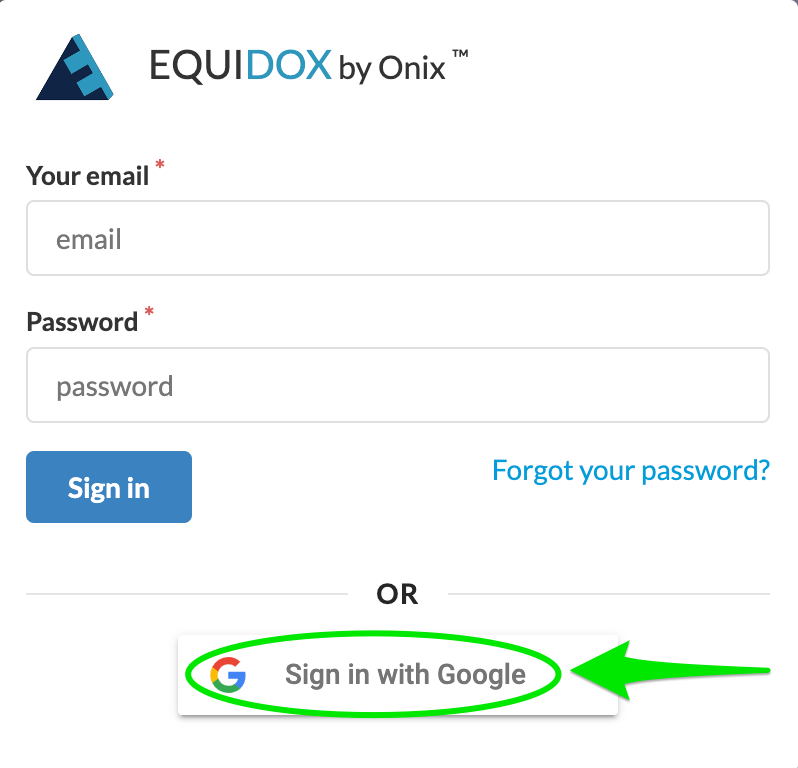 Screenshot of equidox sign in box