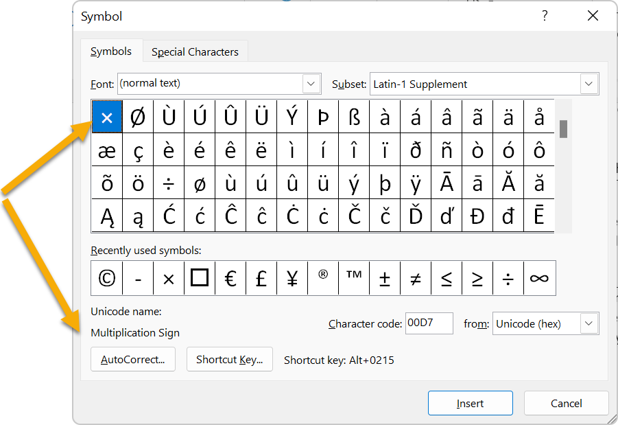 MS Word Insert Symbol dialog showing the multiplication sign for selection