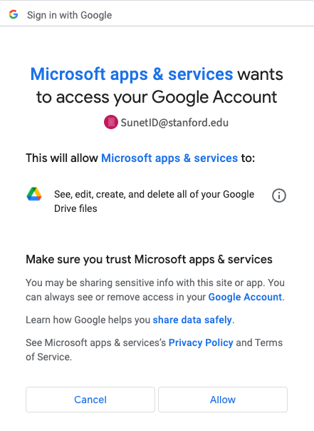 grant Microsoft apps & services on the web read and write access to all files and folders stored in Google drive.