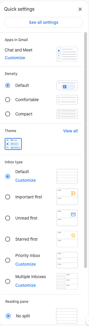 The gmail Quick Settings menu.