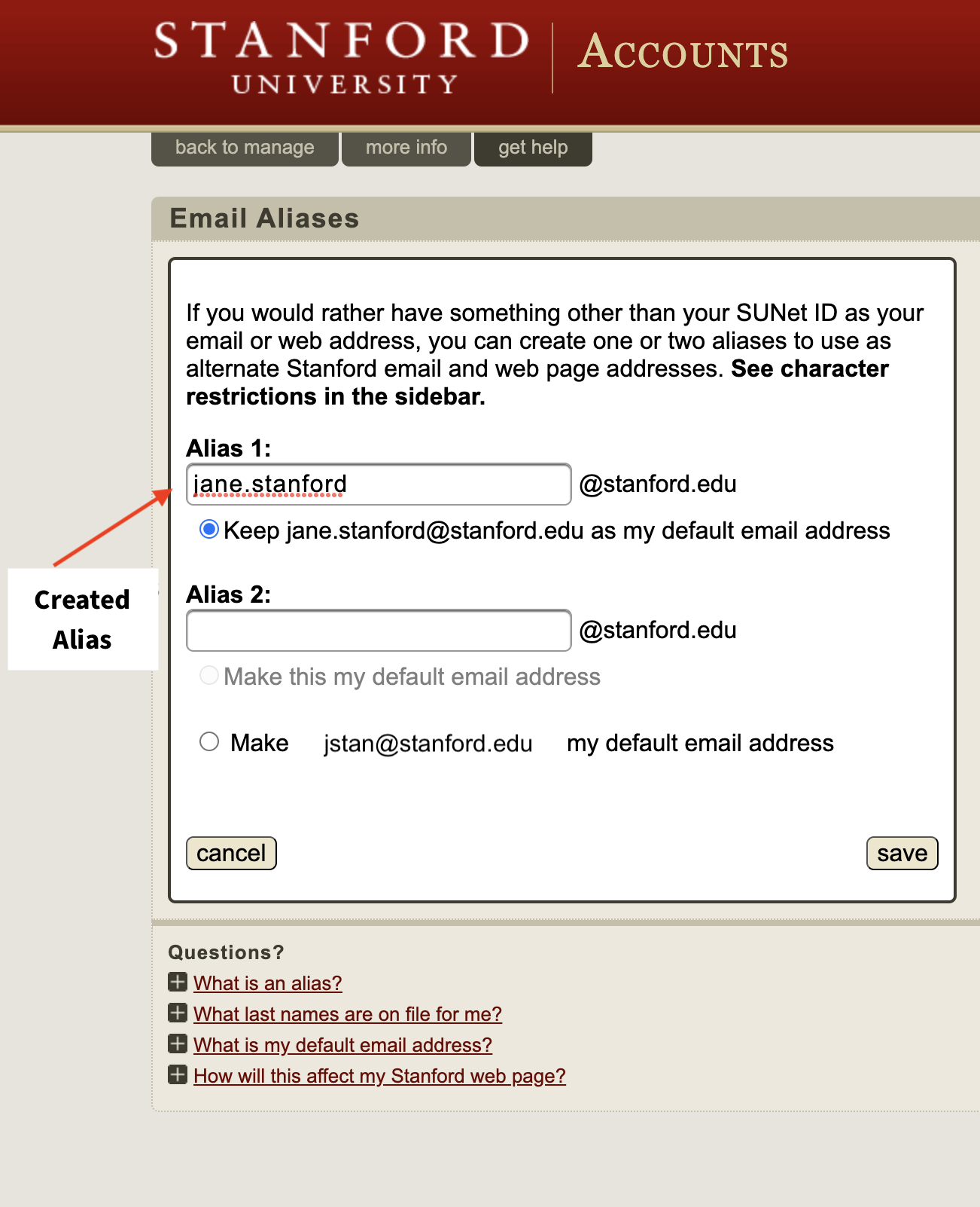 Accounts.stanford.edu alias page. Jane.stanford.edu is the created alias.