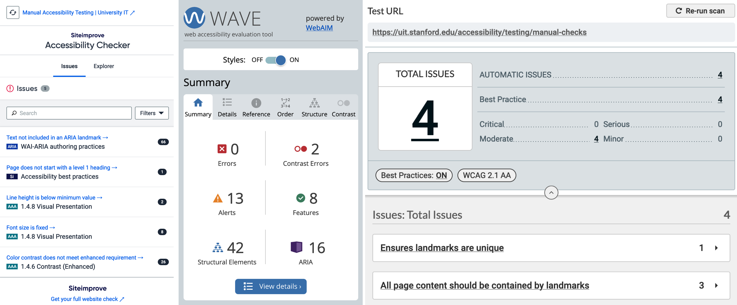 Siteimprove, Wave, and Axe results of the same page. 