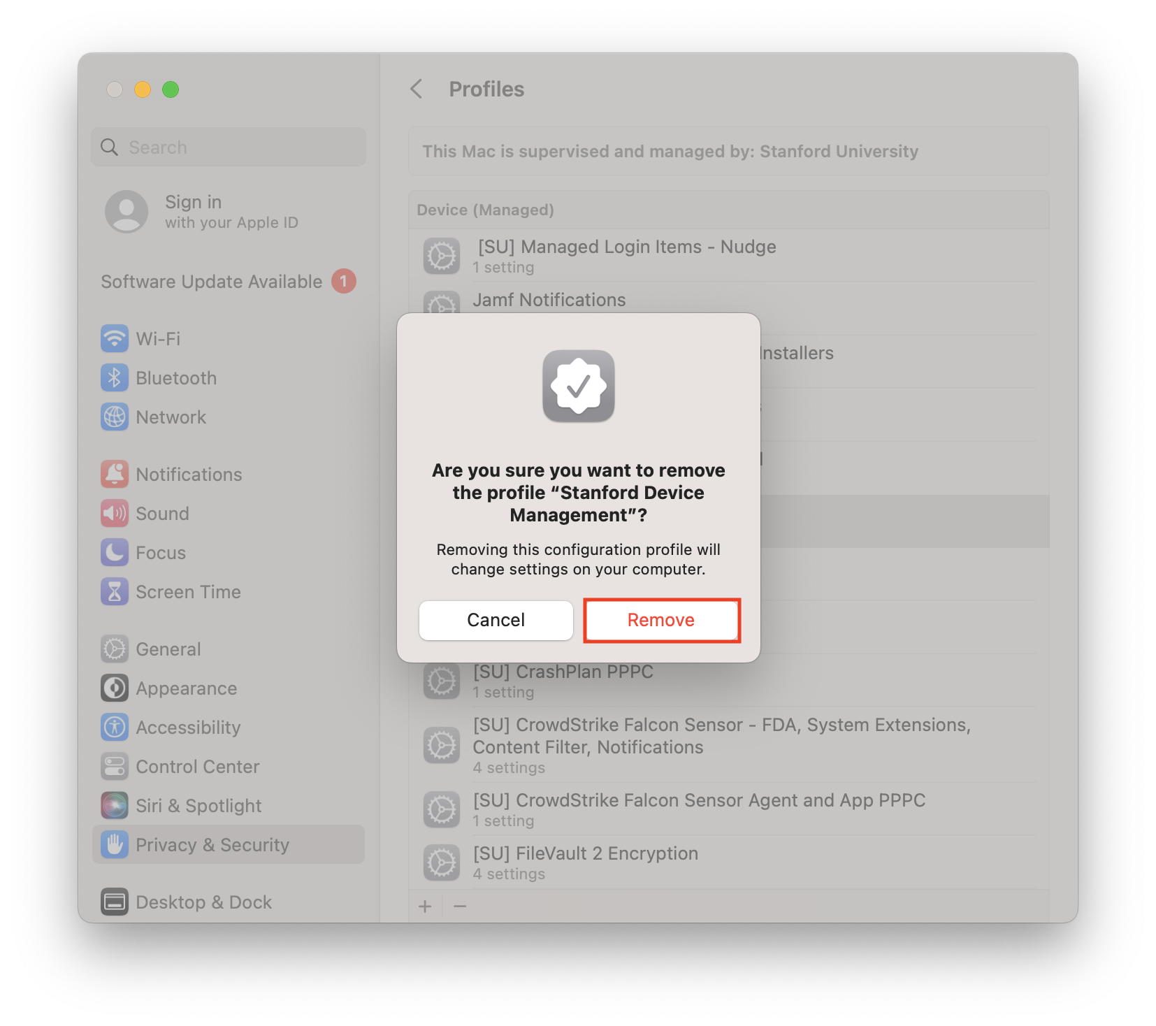 Stanford Device Management removal confirmation highlighting remove button