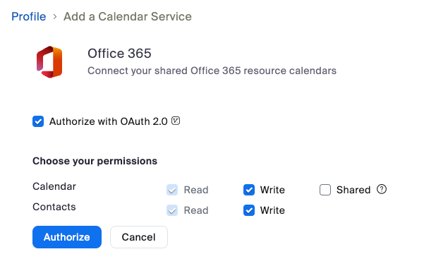 Add a Calendar Service menu with the Authorize button highlighted.